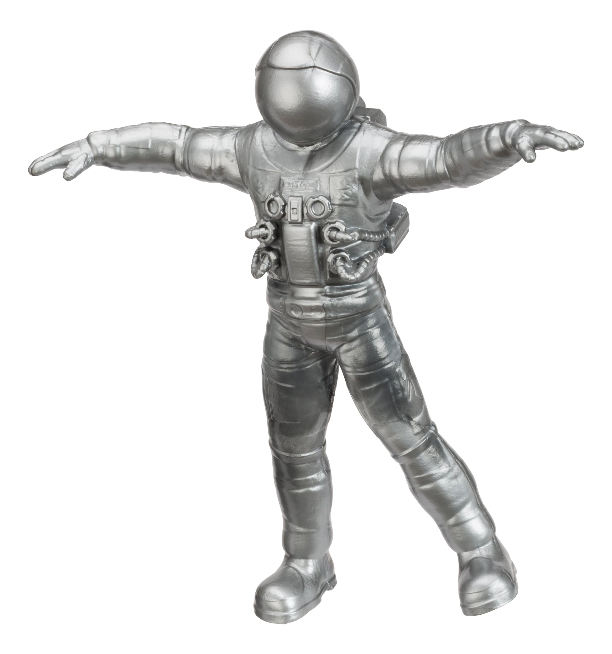 The Astroverse Toysmith Bendy Astronaut is a silver figurine with outstretched arms, balancing on one foot. It features detailed gloves, boots, and a backpack, with the helmet showing no facial features.