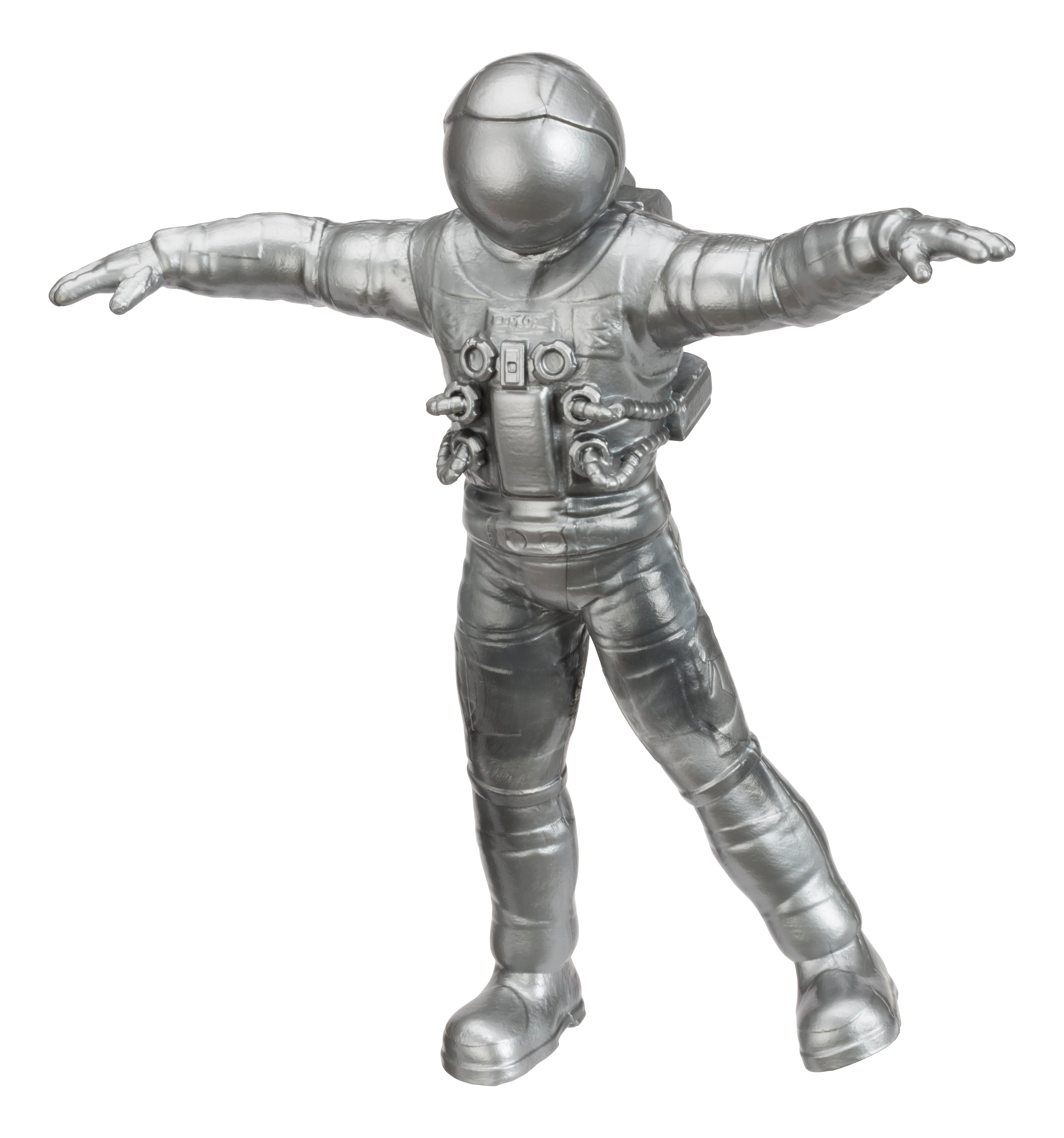 The Astroverse Toysmith Bendy Astronaut is a silver figurine with outstretched arms, balancing on one foot. It features detailed gloves, boots, and a backpack, with the helmet showing no facial features.