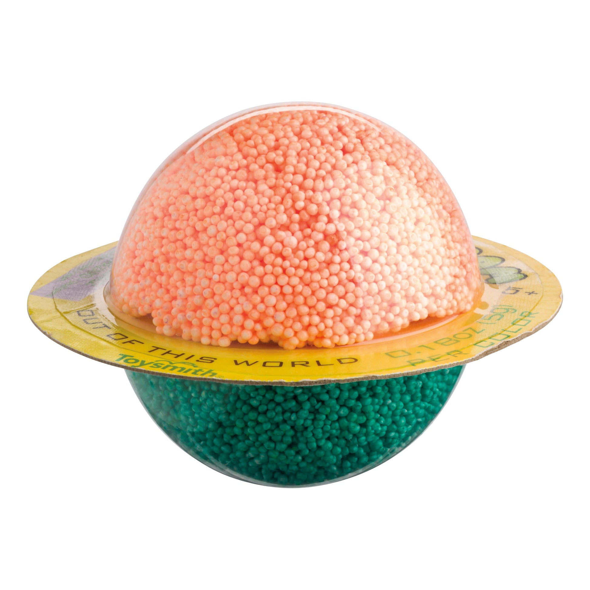 The Toysmith Planet Foam Sensory Toy by Toysmith is a round, planet-shaped treat with a yellow ring, featuring a top half filled with pink candy beads and a bottom half packed with green beads—offering fun tactile play for your taste buds.