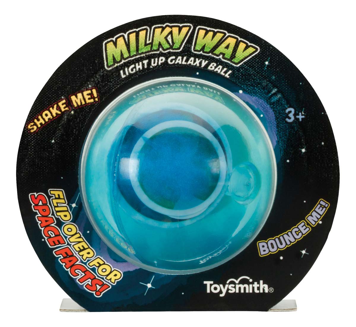 A packaged Toysmith Light-Up Galaxy Ball, a glowing space-themed toy with a blue center sphere. The starry packaging displays “Shake Me!”, “Bounce Me!”, and “Flip Over for Space Facts!” Brand: Toysmith.