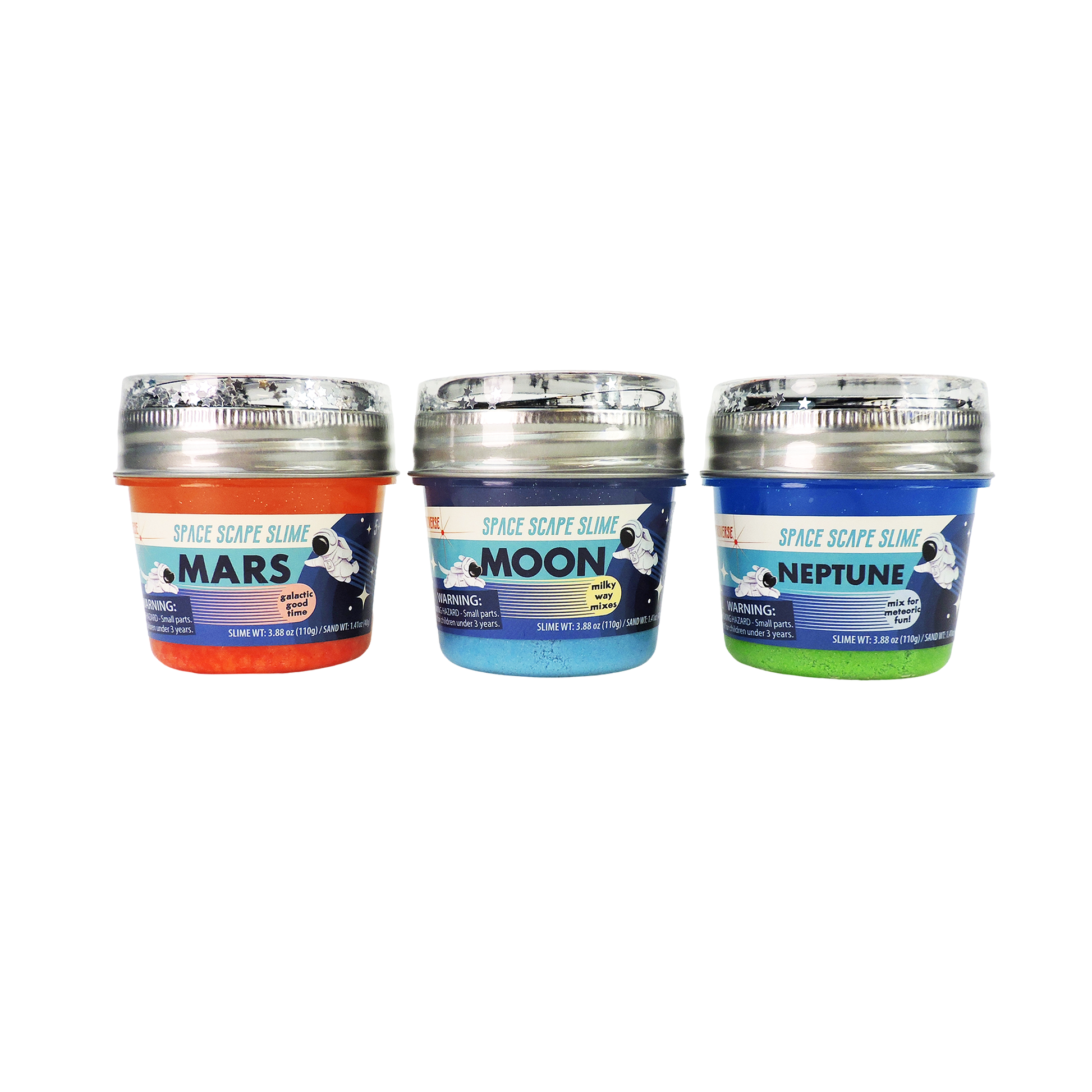 Three jars of Astroverse Space Scape Slime by Astroverse—Mars (red), Moon (blue), and Neptune (green)—with silver lids and a cartoon astronaut, perfect for sensory play and galaxy-inspired fun.