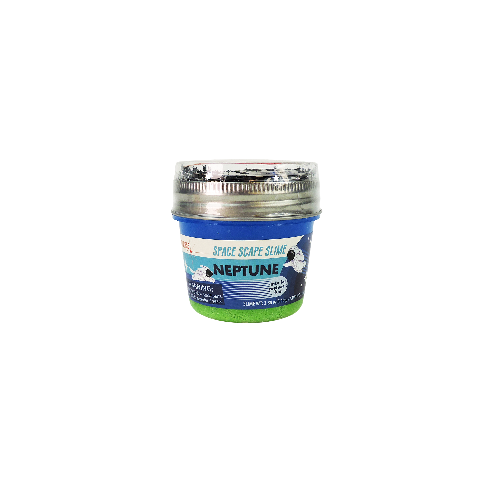 Astroverse Space Scape Slime by Astroverse, labeled Neptune, features a blue and green galaxy design, clear lid, and small parts warning—great for sensory play and ages 3+.
