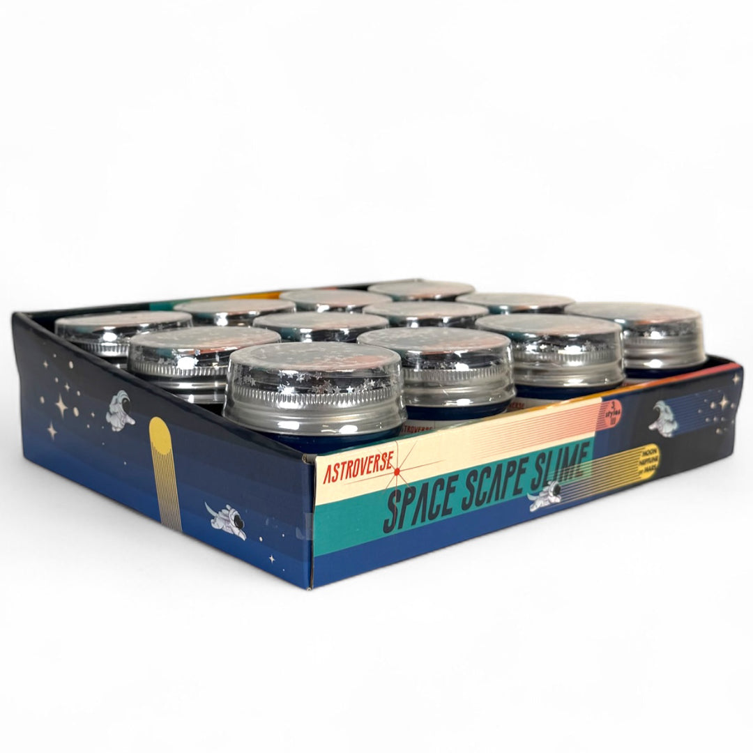 The Astroverse Space Scape Slimes by Astroverse come in a display box with clear jars and silver lids, featuring space-themed, retro graphics—ideal for fans of galaxy slime and sensory play.