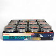 A display box of twelve Astroverse Space Scape Slimes by Astroverse, each in a jar with a black lid and outer space-themed packaging featuring Moon, Neptune, and Mars. Colorful design makes them perfect for sensory play.