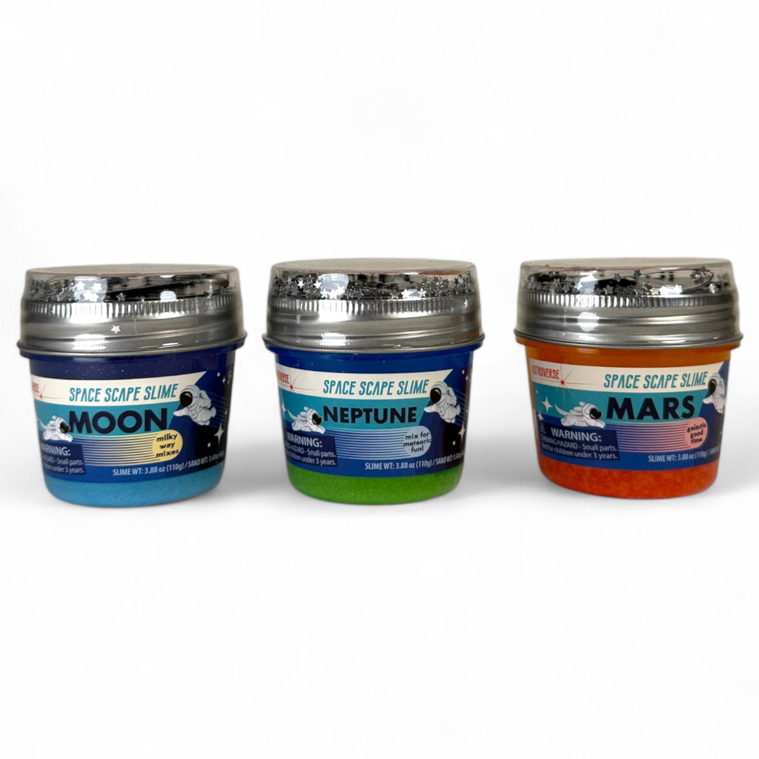 Astroverse Space Scape Slimes by Astroverse: three plastic containers labeled “Moon” (blue), “Neptune” (green), and “Mars” (orange) with gray lids, arranged in a row on a white background, perfect for sensory space-themed play.