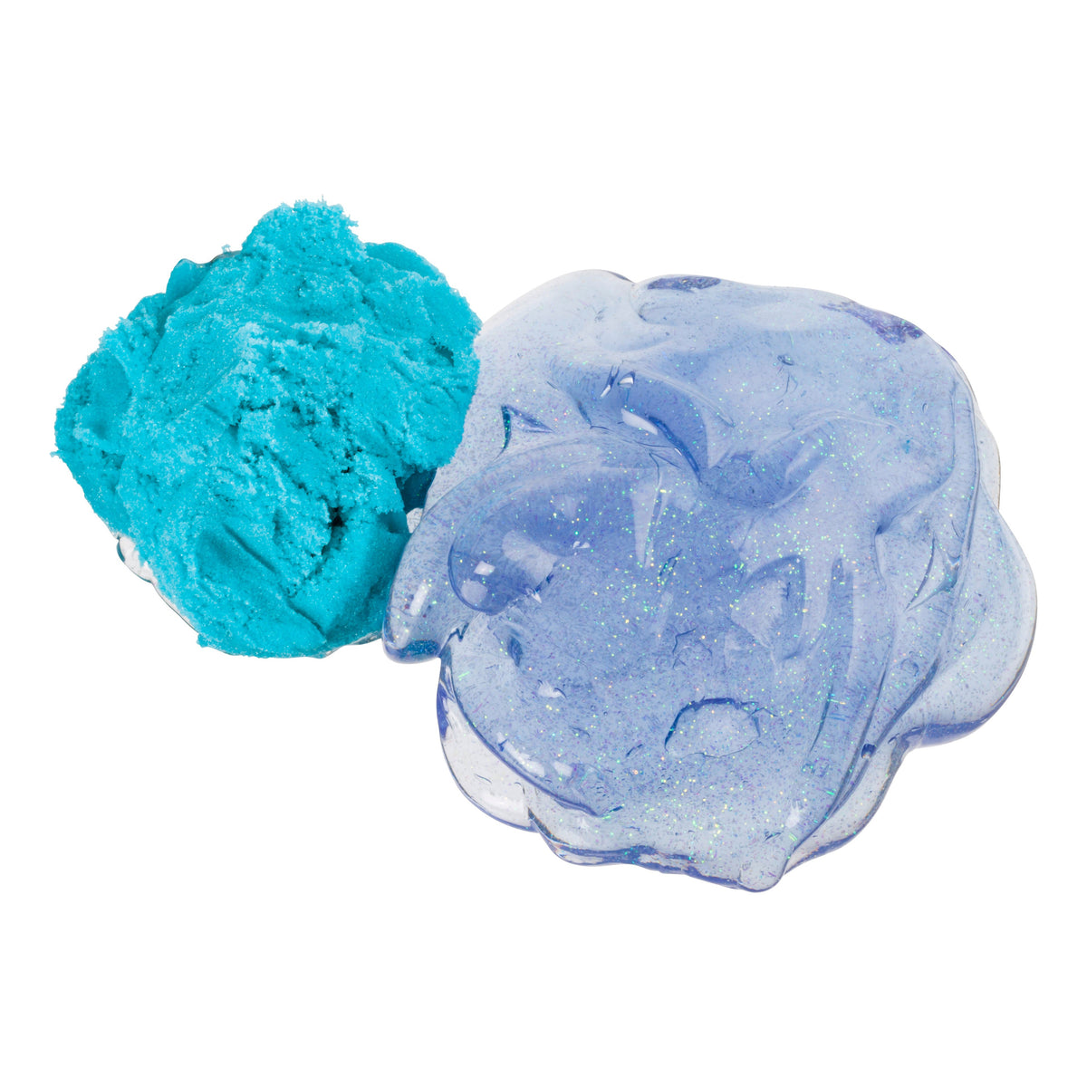 Astroverse Space Scape Slimes by Astroverse features blue, crumbly space slime with a rough texture and clear purple galaxy slime with glitter and a glossy finish, side by side on white—ideal for sensory play.