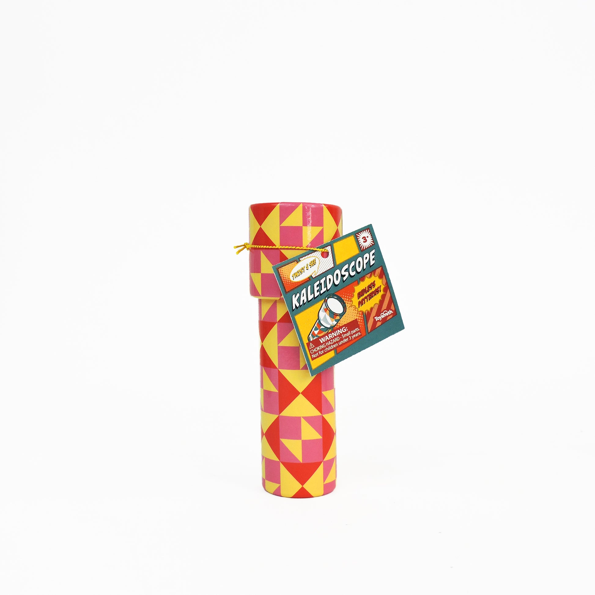 The Toysmith Small Kaleidoscope by Toysmith features a red, yellow, and pink geometric pattern. Standing upright on a white background with a “Kaleidoscope” tag, it’s the perfect pocket-sized toy and party favor.