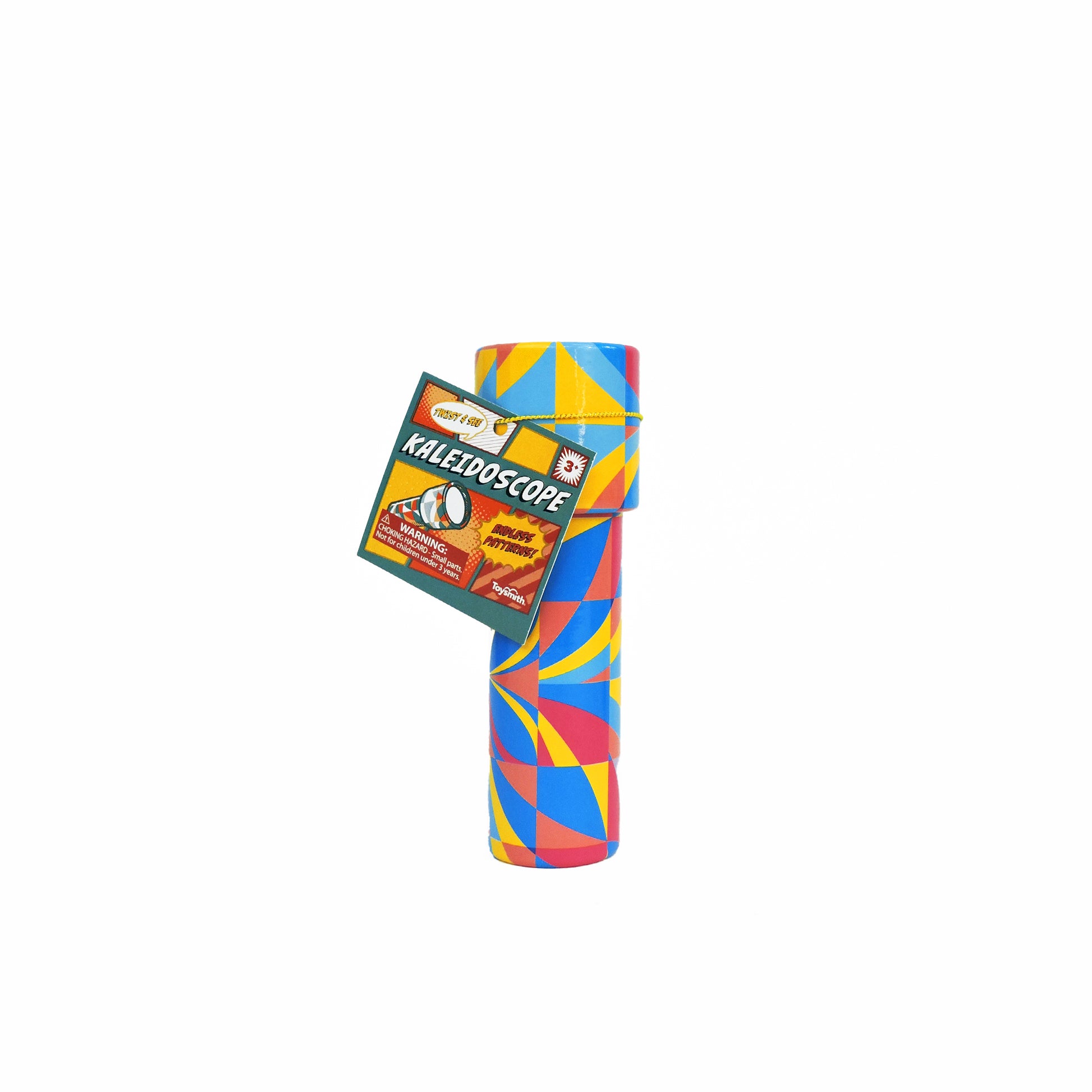 The Toysmith Small Kaleidoscope by Toysmith is a colorful, pocket-sized toy with blue, yellow, and red geometric patterns. It features a "Kaleidoscope" tag with fun illustrations—ideal for party favors or enjoying vibrant visuals anywhere.