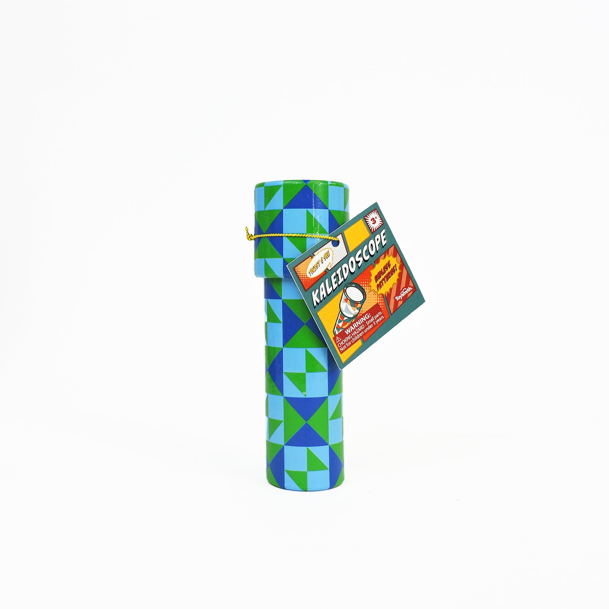 The Toysmith Small Kaleidoscope by Toysmith is a colorful, pocket-sized toy with blue and green geometric patterns, standing upright on a white background. A KALEIDOSCOPE tag with vintage graphics makes it a unique party favor.