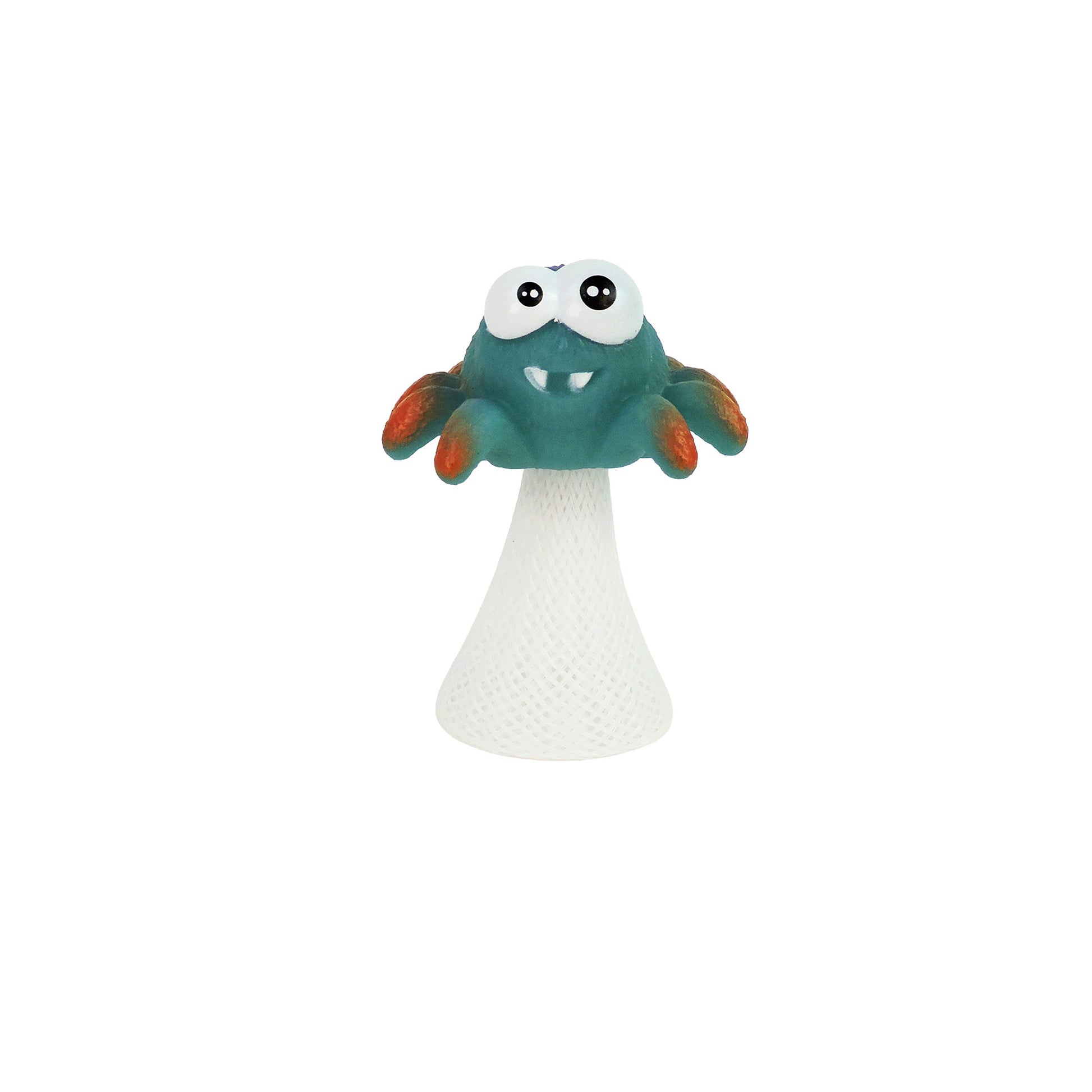 The Toysmith Jumping Spider by Toysmith features a whimsical teal, crab-like creature with big eyes and orange claws perched on a white, textured stem. Set against a plain white background, it’s the perfect playful prank toy figurine.