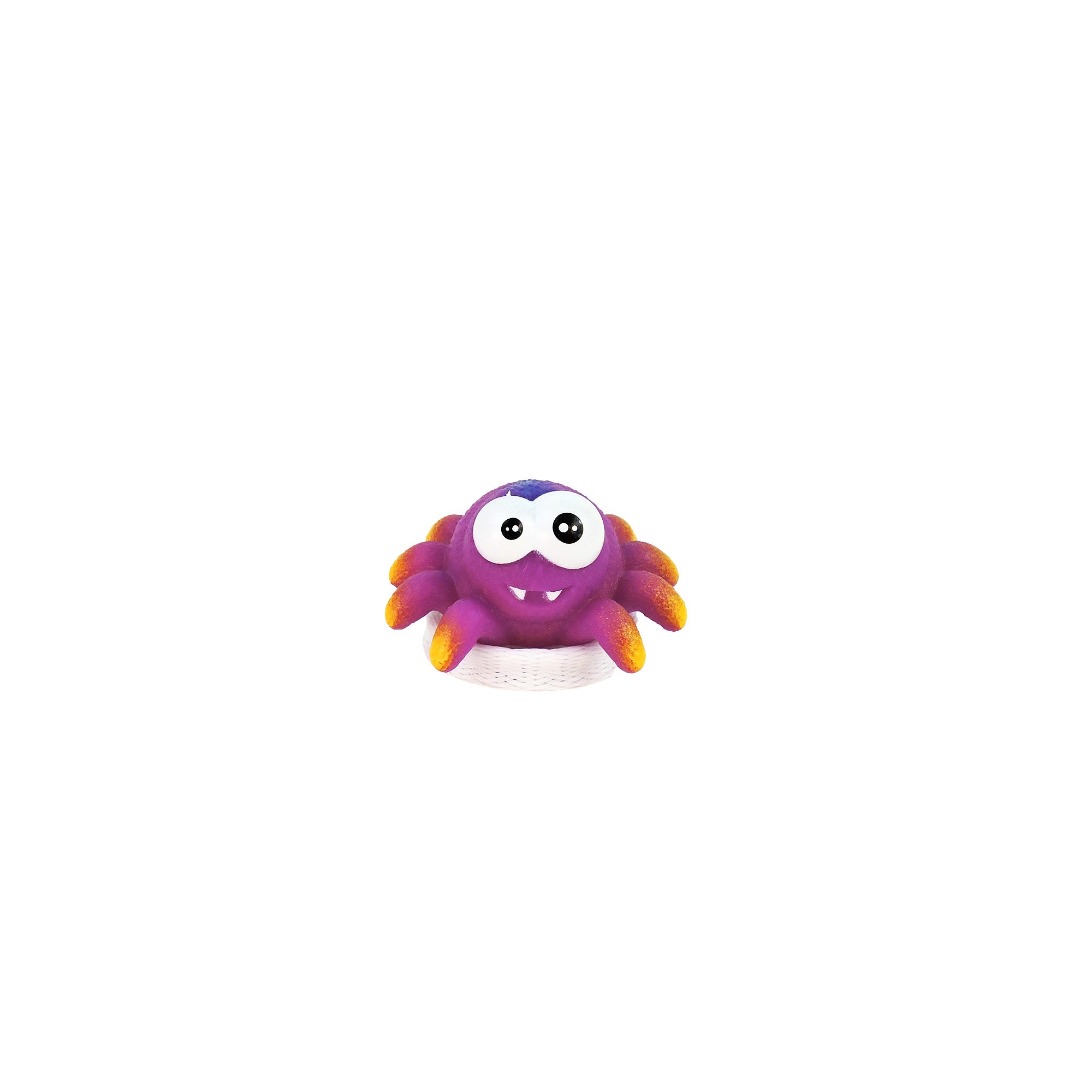 The Toysmith Jumping Spider by Toysmith is a cute purple spider toy with big eyes, two small fangs, and orange-tipped legs, shown on a white surface against a plain white background.