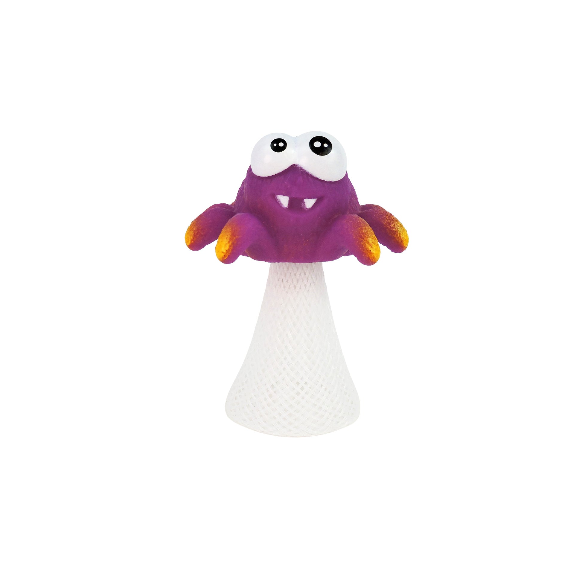 The Toysmith Jumping Spider by Toysmith is a pop-up toy with a purple, cartoonish spider featuring large eyes and orange-tipped legs on a white, textured, cone-shaped base, shown against a plain white background.
