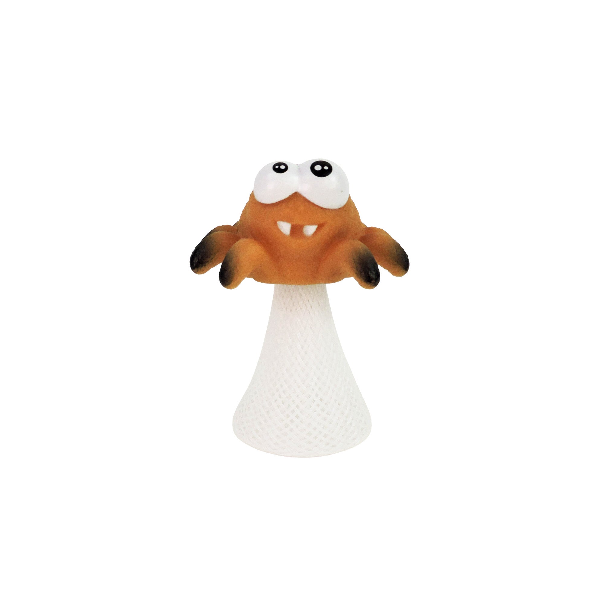 The Toysmith Jumping Spider by Toysmith is a small, cartoon-style brown spider with big eyes and fangs, perched on a white, textured cone-shaped base, resembling a playful pop-up toy against a plain white background.