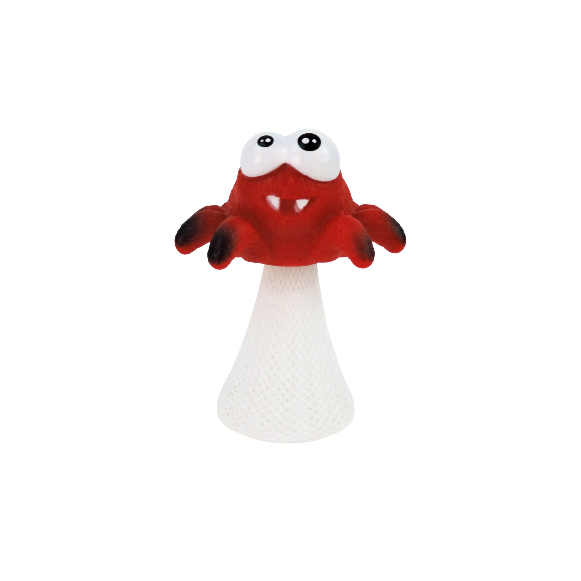The Toysmith Jumping Spider by Toysmith features a playful red spider cartoon with big googly eyes perched on a textured white cone-shaped base, resembling a whimsical pop-up toy against a plain white background.