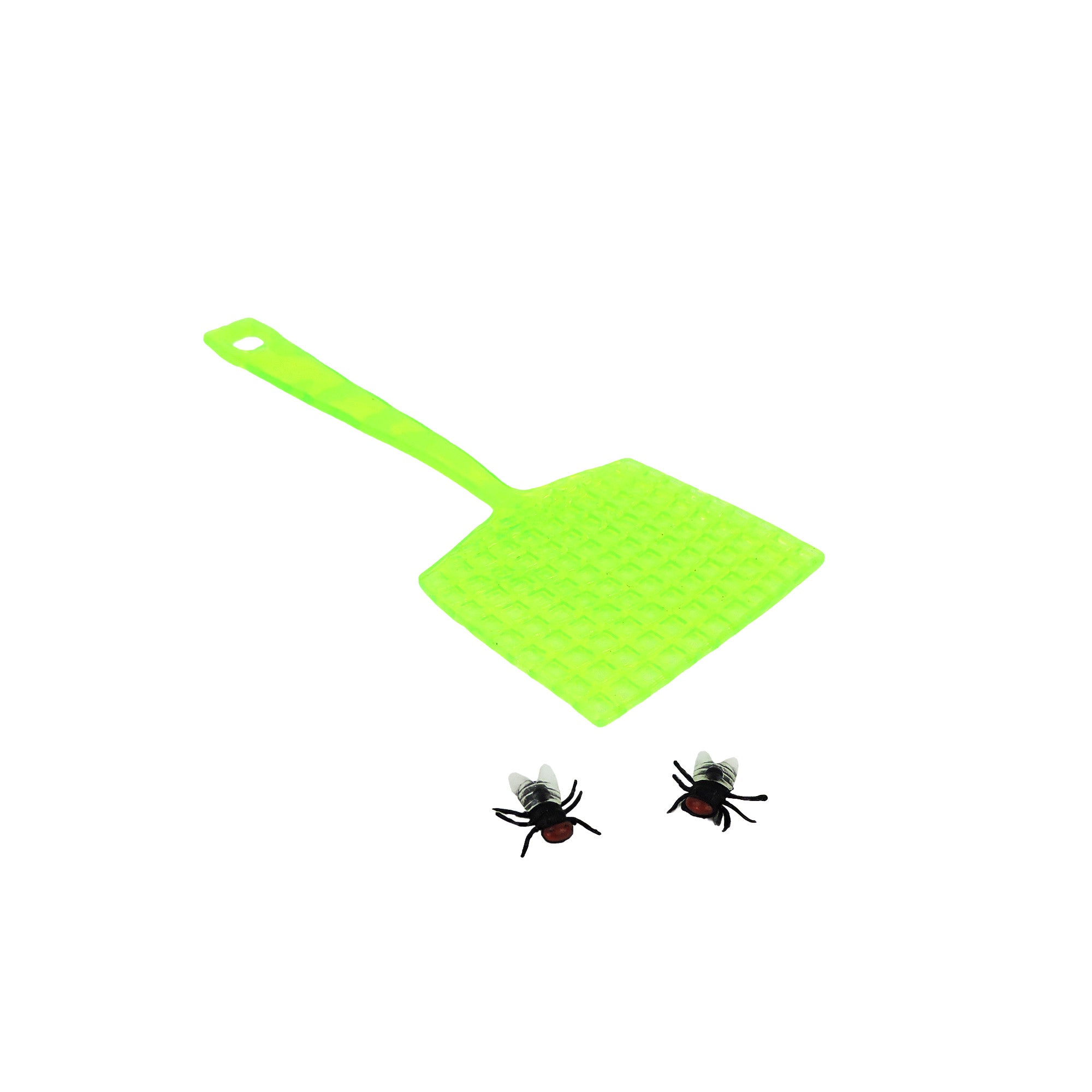 The Toysmith Super Sticky Fly Swatter, in bright green, is shown above two lifelike reusable flies on a white background—ideal for active play.