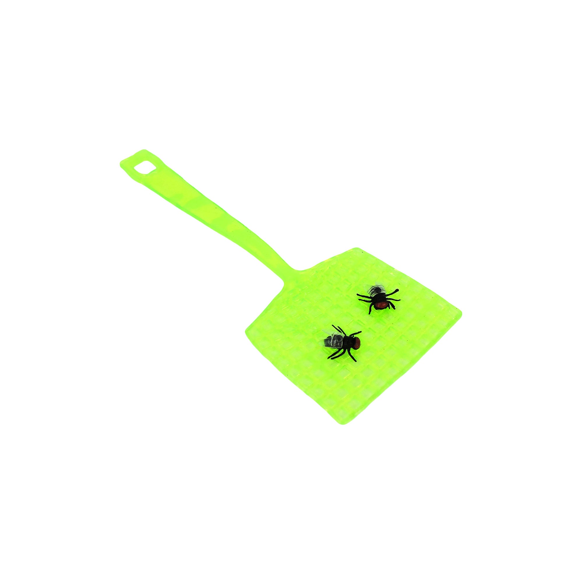 The Toysmith Super Sticky Fly Swatter by Toysmith is a bright green toy featuring two large, reusable fly figures on its mesh—great for active play and shown against a white background.