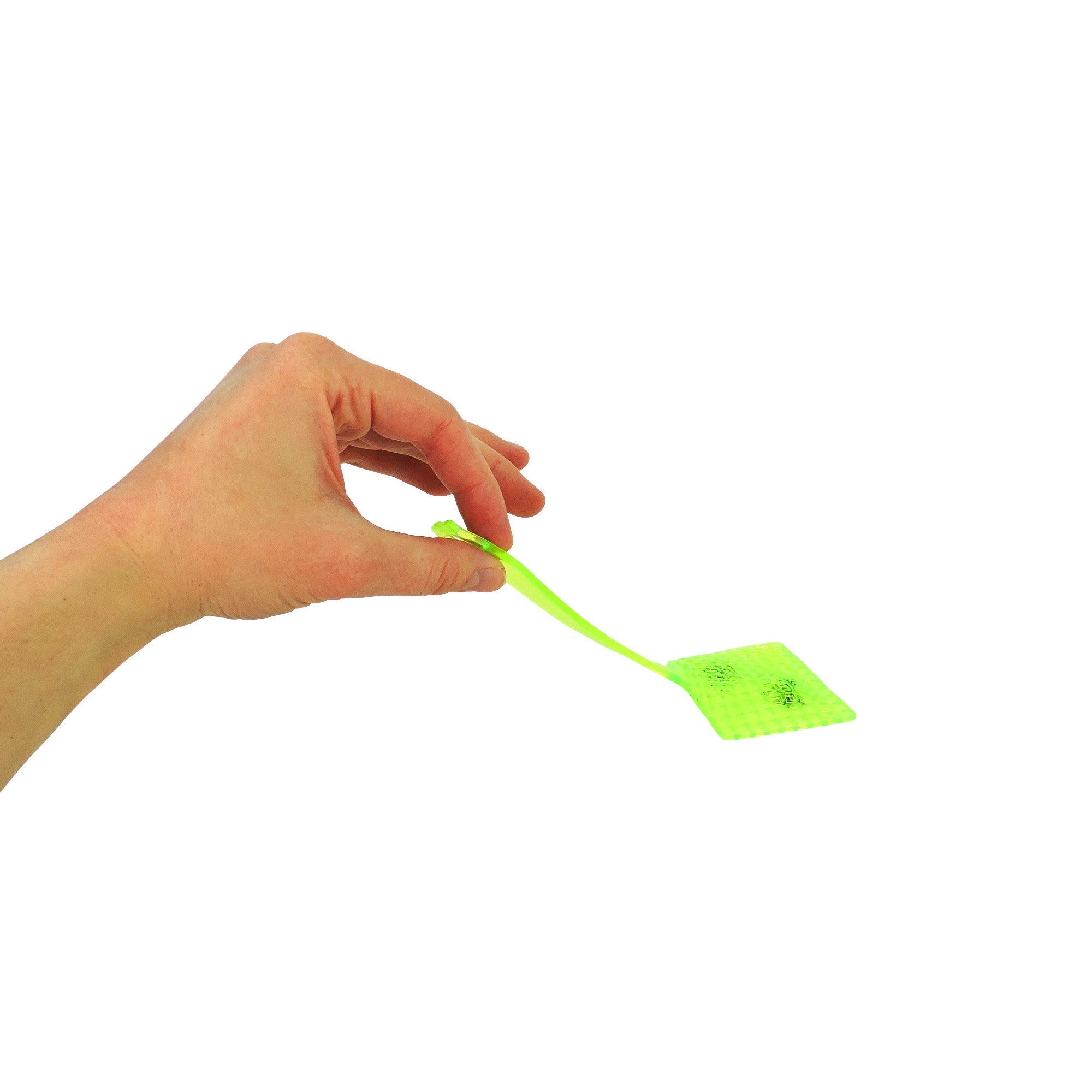A hand holds the Toysmith Super Sticky Fly Swatter by Toysmith with a dead fly stuck to it, against a plain white background.
