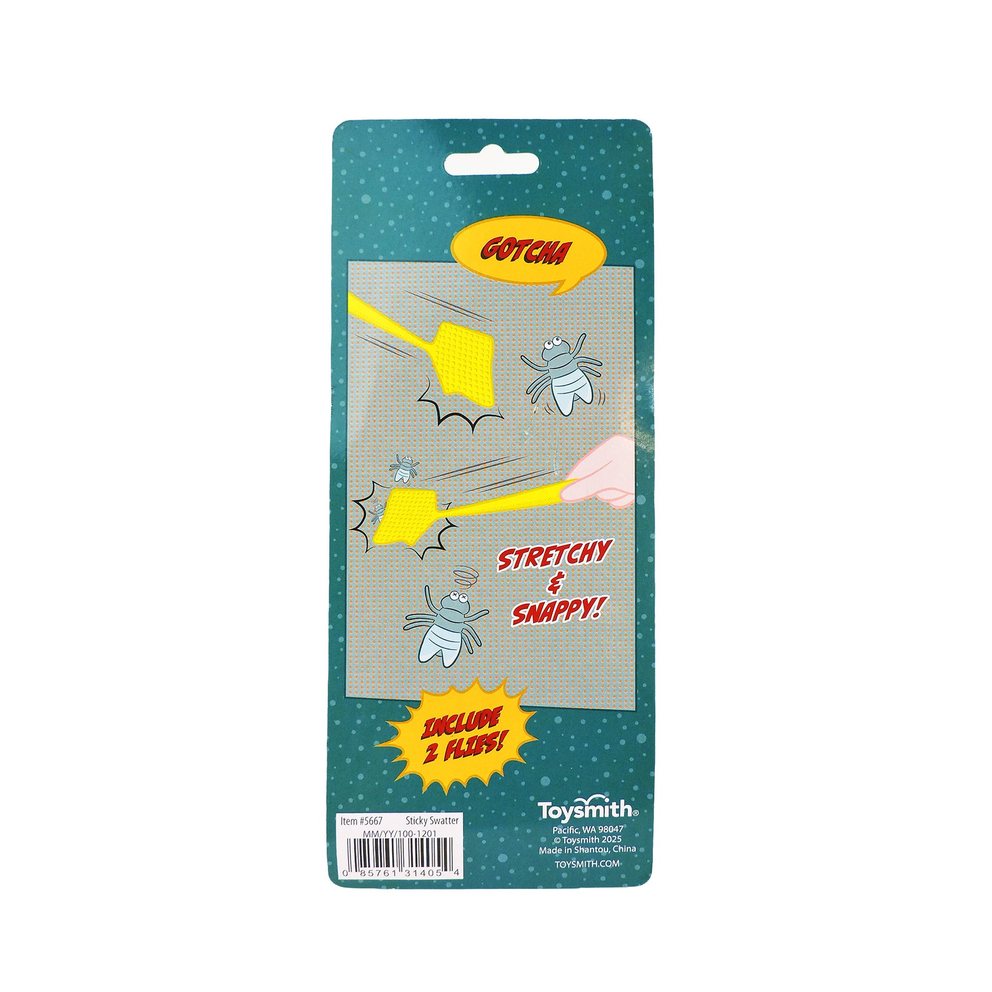 The Toysmith Super Sticky Fly Swatter, in a green Toysmith package labeled Gotcha!, includes two stretchy yellow slap hands for active play. The front states "Includes 2 reusable flies!" and "Stretchy & Snappy!" with cartoon flies being swatted.