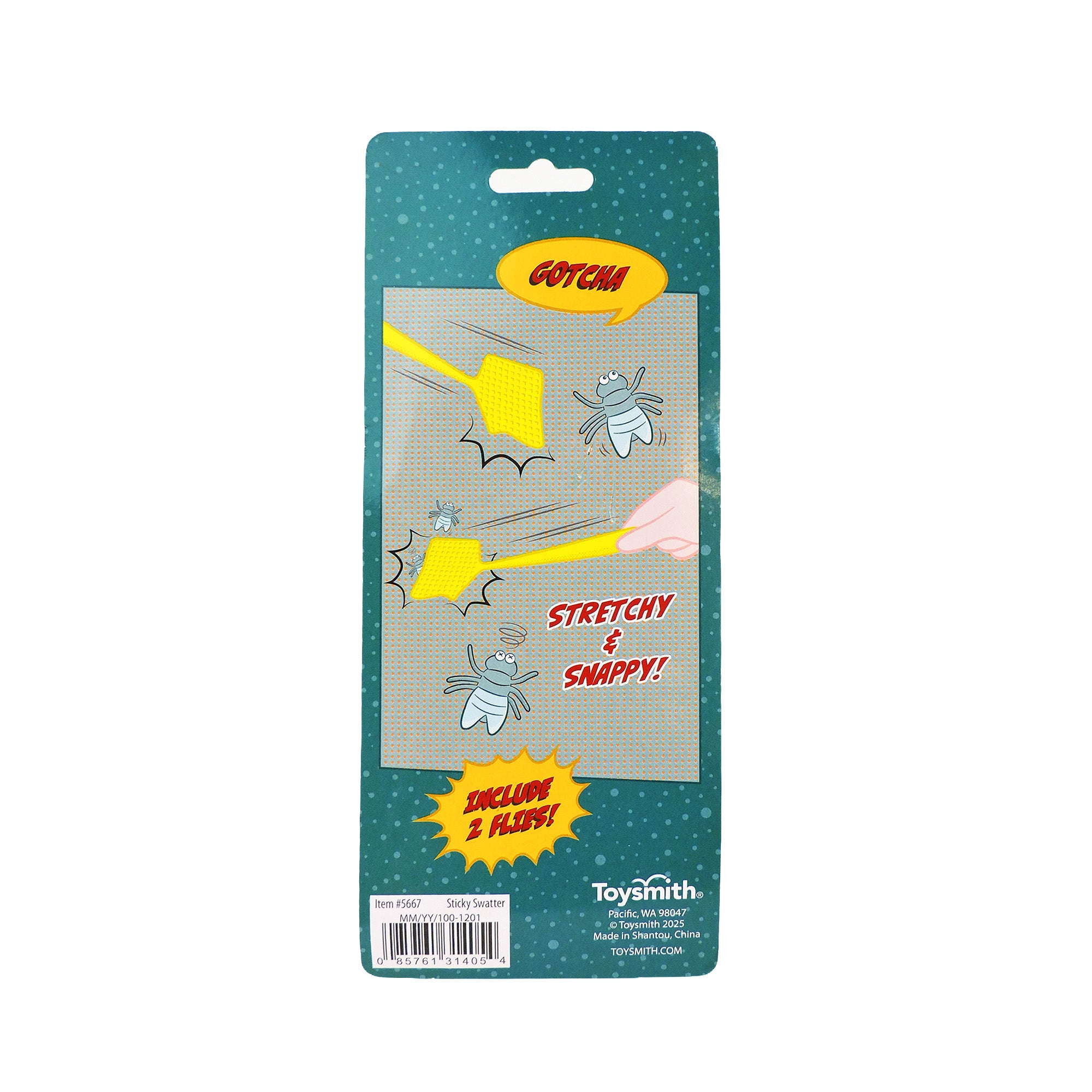 The Toysmith Super Sticky Fly Swatter, in a green Toysmith package labeled Gotcha!, includes two stretchy yellow slap hands for active play. The front states "Includes 2 reusable flies!" and "Stretchy & Snappy!" with cartoon flies being swatted.