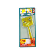 The Toysmith Super Sticky Fly Swatter features a yellow swatter with two reusable flies, promoting active play for kids. Warnings and Toysmith branding are displayed on its bold blue and red packaging.