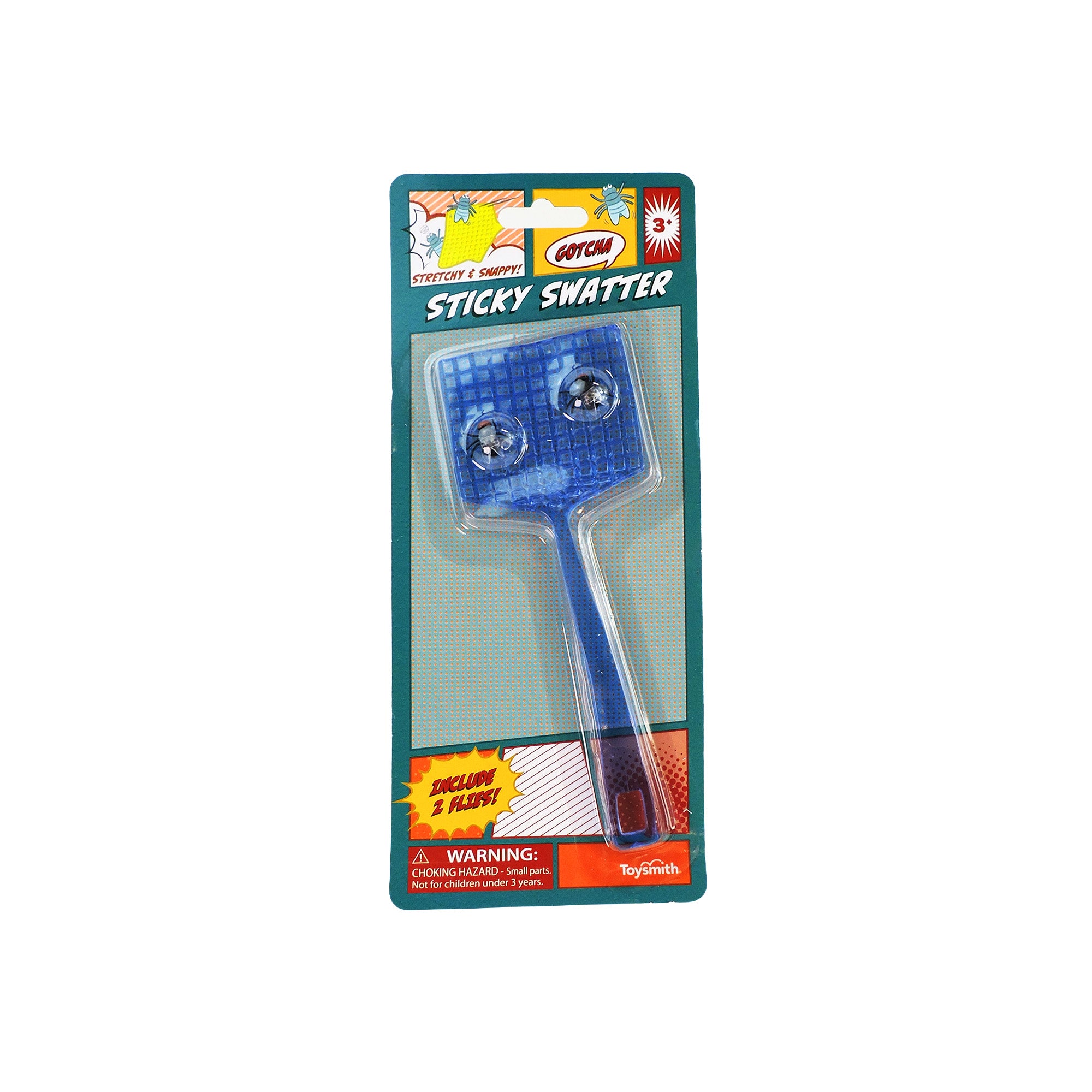 The Toysmith Super Sticky Fly Swatter, by Toysmith, comes in blue with sticky pads and reusable flies, packaged on a GOTCHA! Sticky Swatter card featuring bright comic graphics and safety warnings at the bottom—ideal for active play.