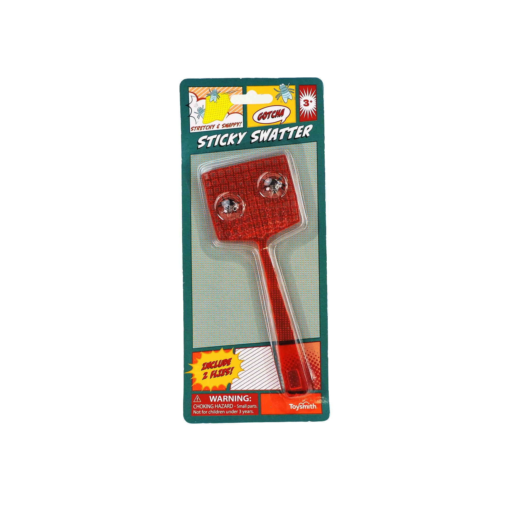 The Toysmith Super Sticky Fly Swatter is a red swatter with googly eyes in playful green packaging with yellow and red accents, comic-style text, and is ideal for catching reusable flies. Brand: Toysmith.