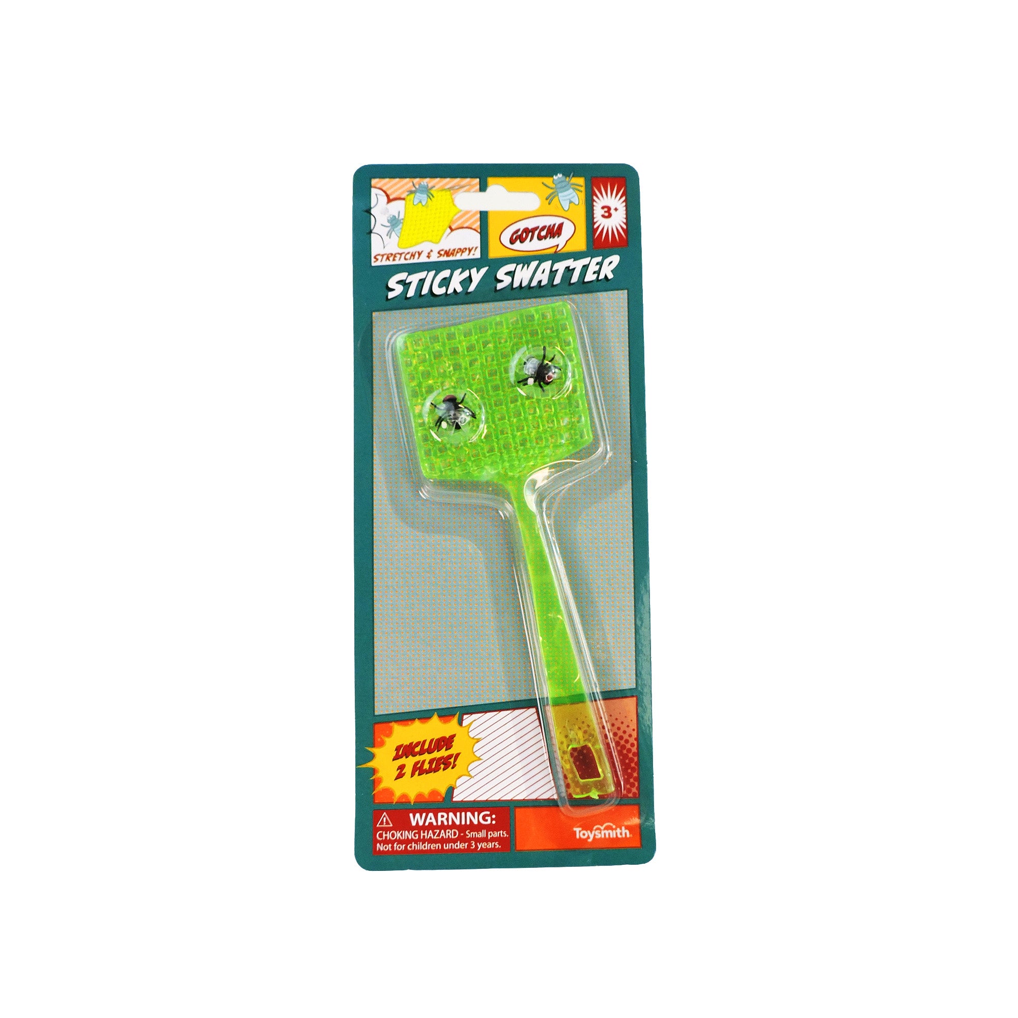 The Toysmith Super Sticky Fly Swatter by Toysmith is a green toy with two reusable flies stuck to its head. Packaged with colorful graphics and "Sticky Swatter" text, it has a choking hazard warning and encourages active play.
