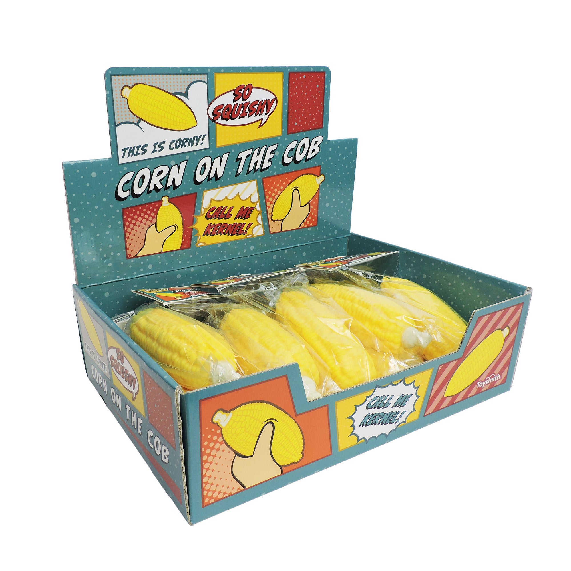 A Toysmith display box holds several Toysmith Corn on the Cob squishy yellow fidget toys in plastic wrap. The box features comic-style text like “So Squishy!” and “Call Me Kernel!” along with “Corn on the Cob” branding.