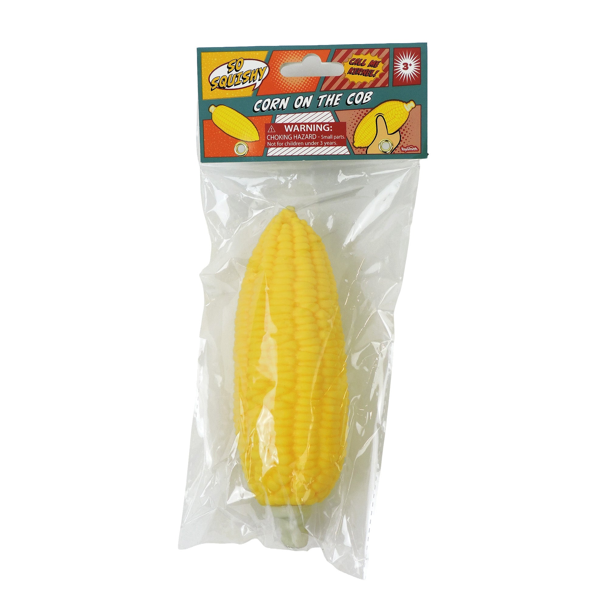 A Toysmith Corn on the Cob sensory toy by Toysmith is sealed in clear packaging with a colorful top label reading "Corn on the Cob" and a choking hazard warning.