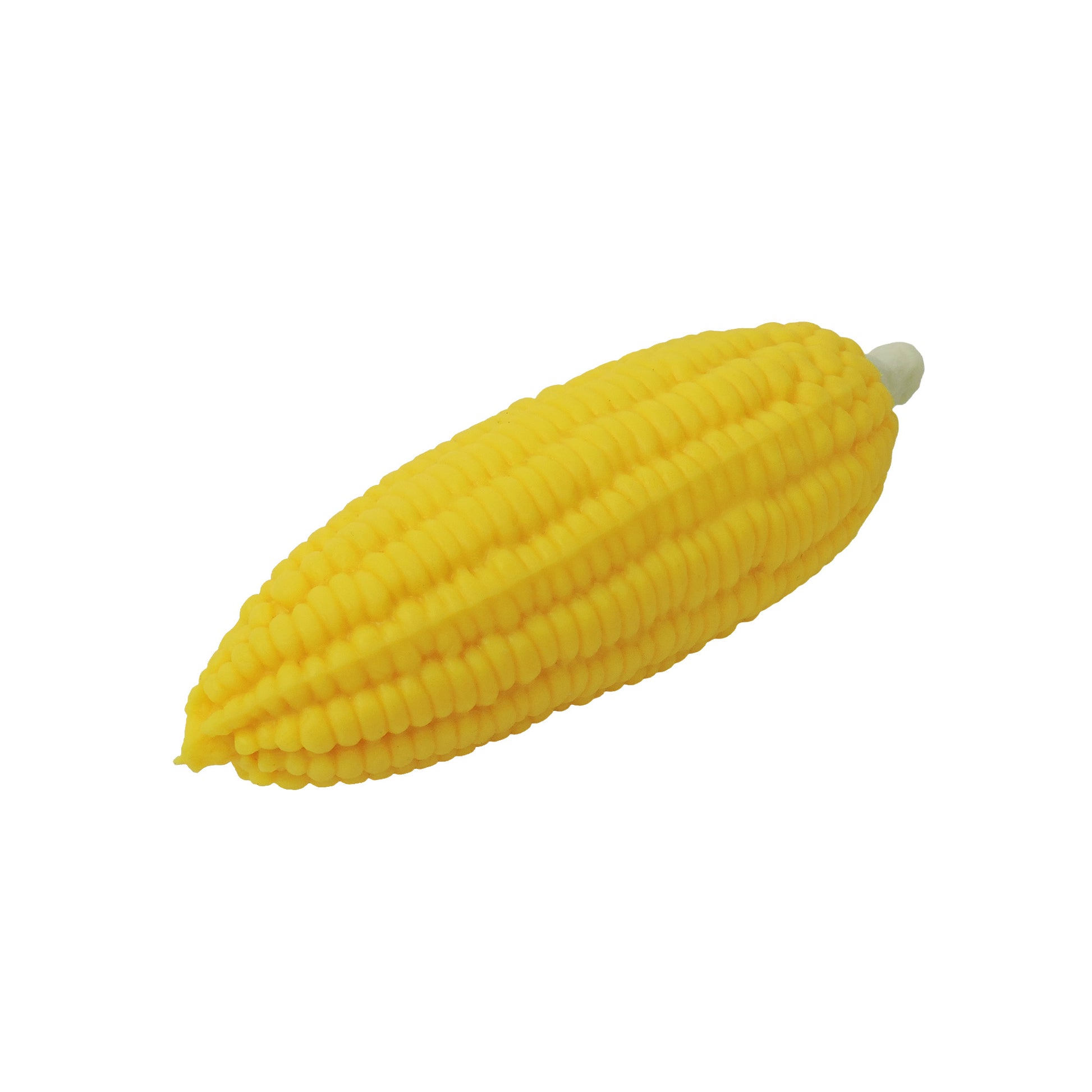 The Toysmith Corn on the Cob by Toysmith is a single yellow ear with textured kernels and a small white tip, resembling a sensory toy, shown on a plain white background.