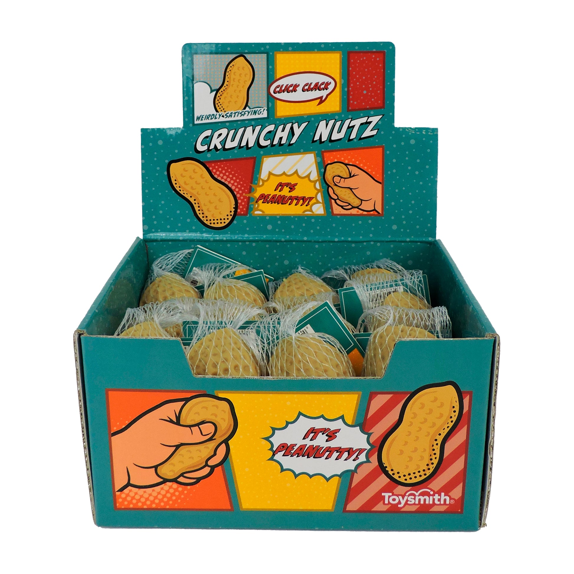 A display box of Toysmith Crunchy Nuts sensory toys features peanut shapes, comic-style graphics, bursts with “It’s Peanutty!” and “Crunchy Nuts,” plus a fun crunchy sound for tactile play.