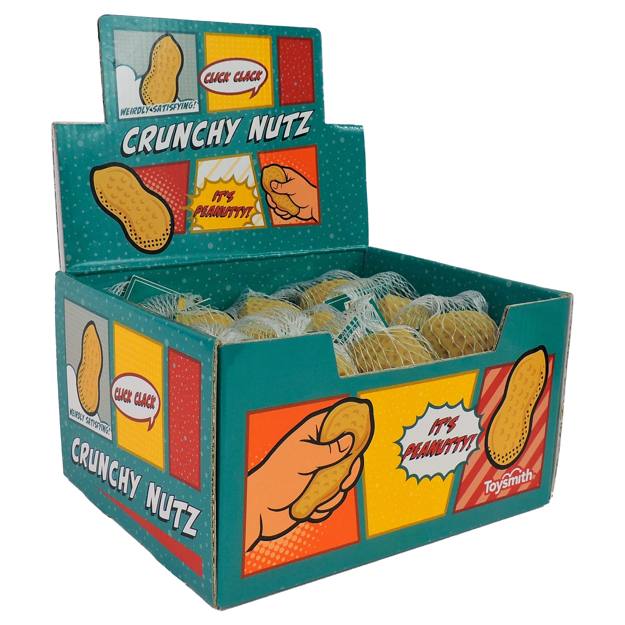 A display box labeled Toysmith Crunchy Nuts features comic-style graphics and phrases like "Click Clack" and "It's Peanutty!" Inside are netted bags with toy peanuts that make a crunchy sound with each squeeze for fun sensory play.