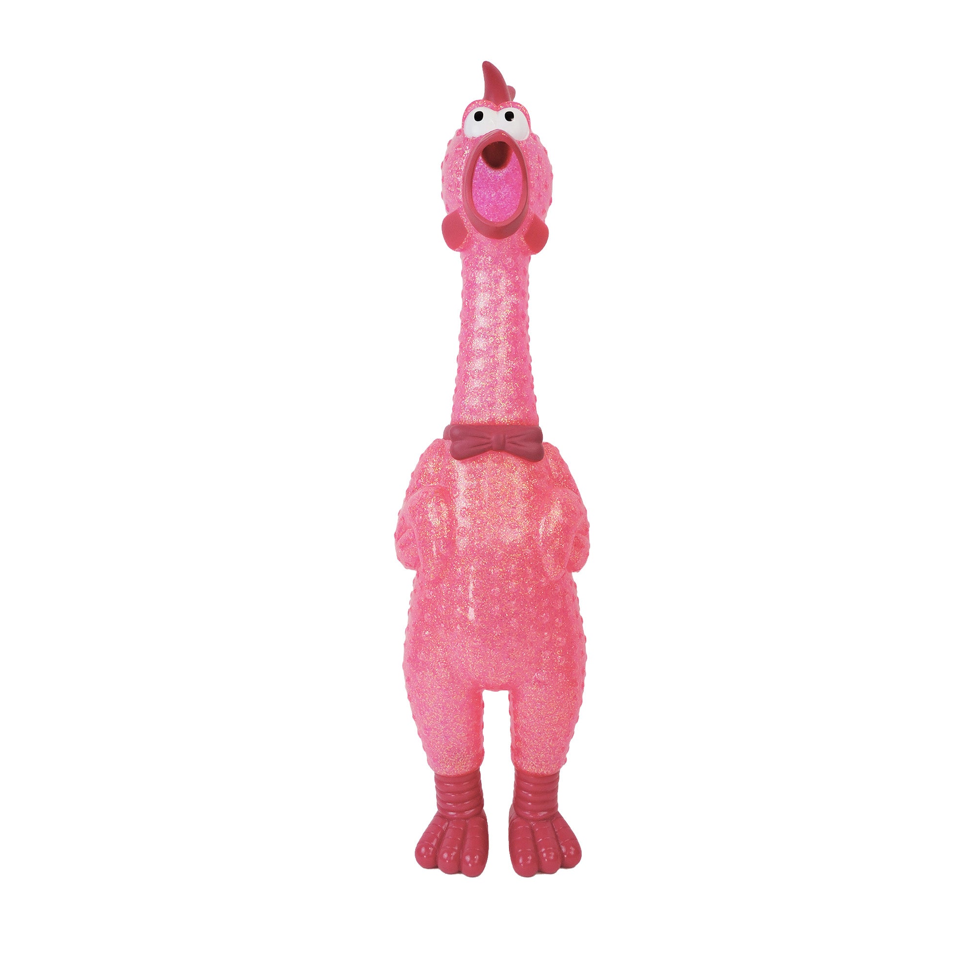 Say Whaaaaat?! The Ampli-Flyer by Say Whaaaaat! is a giant pink rubber squeaky toy with wide eyes, open beak, textured body, and red bow tie—an upright novelty gift sure to delight anyone who loves loud squeaky toys.