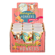 The Farm Fresh Barnyard Honkers display box by Farm Fresh contains 8 barnyard noisemakers, each decorated with cartoon farm animals. The packaging features playful illustrations and bright, eye-catching colors.