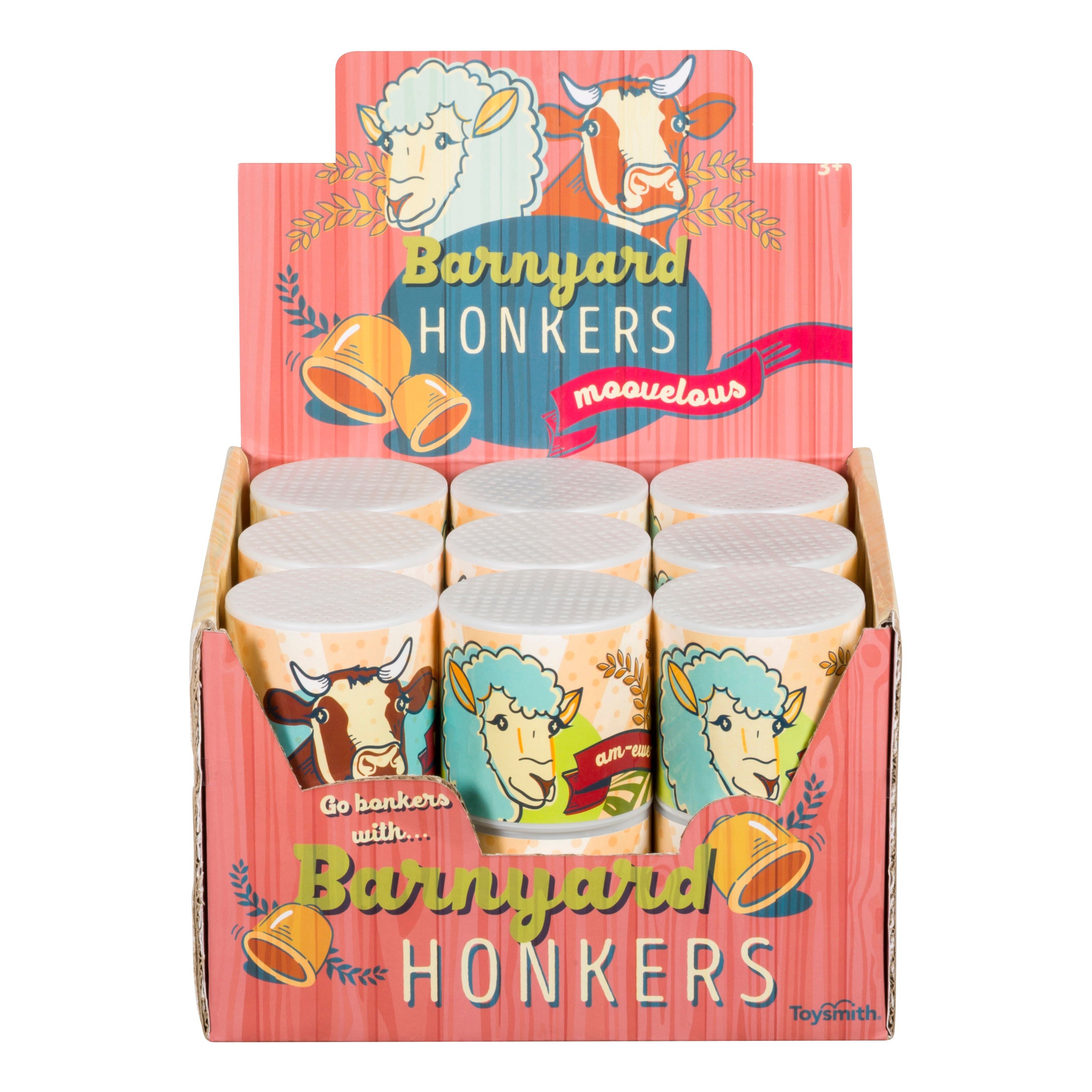 The Farm Fresh Barnyard Honkers display box by Farm Fresh contains 8 barnyard noisemakers, each decorated with cartoon farm animals. The packaging features playful illustrations and bright, eye-catching colors.