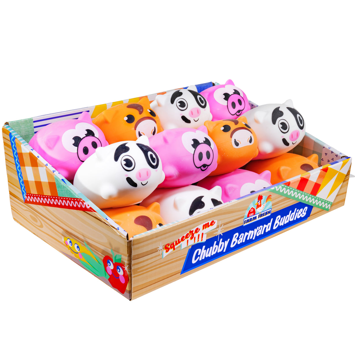 A box of Farm Fresh Chubby Barnyard Animals by Farm Fresh includes colorful, squishy farm animal figures like pigs and cows in white, pink, and orange, each with cartoon faces and big eyes.