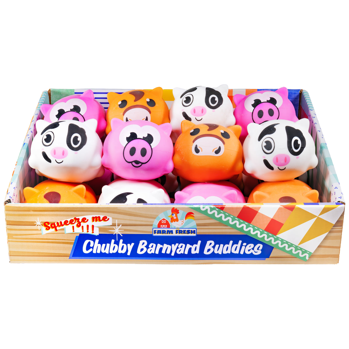 A Farm Fresh display box labeled "Farm Fresh Chubby Barnyard Animals" contains cute, squeezable cartoon cows and pigs arranged in three rows. These colorful barnyard toys feature chubby shapes and adorable faces.