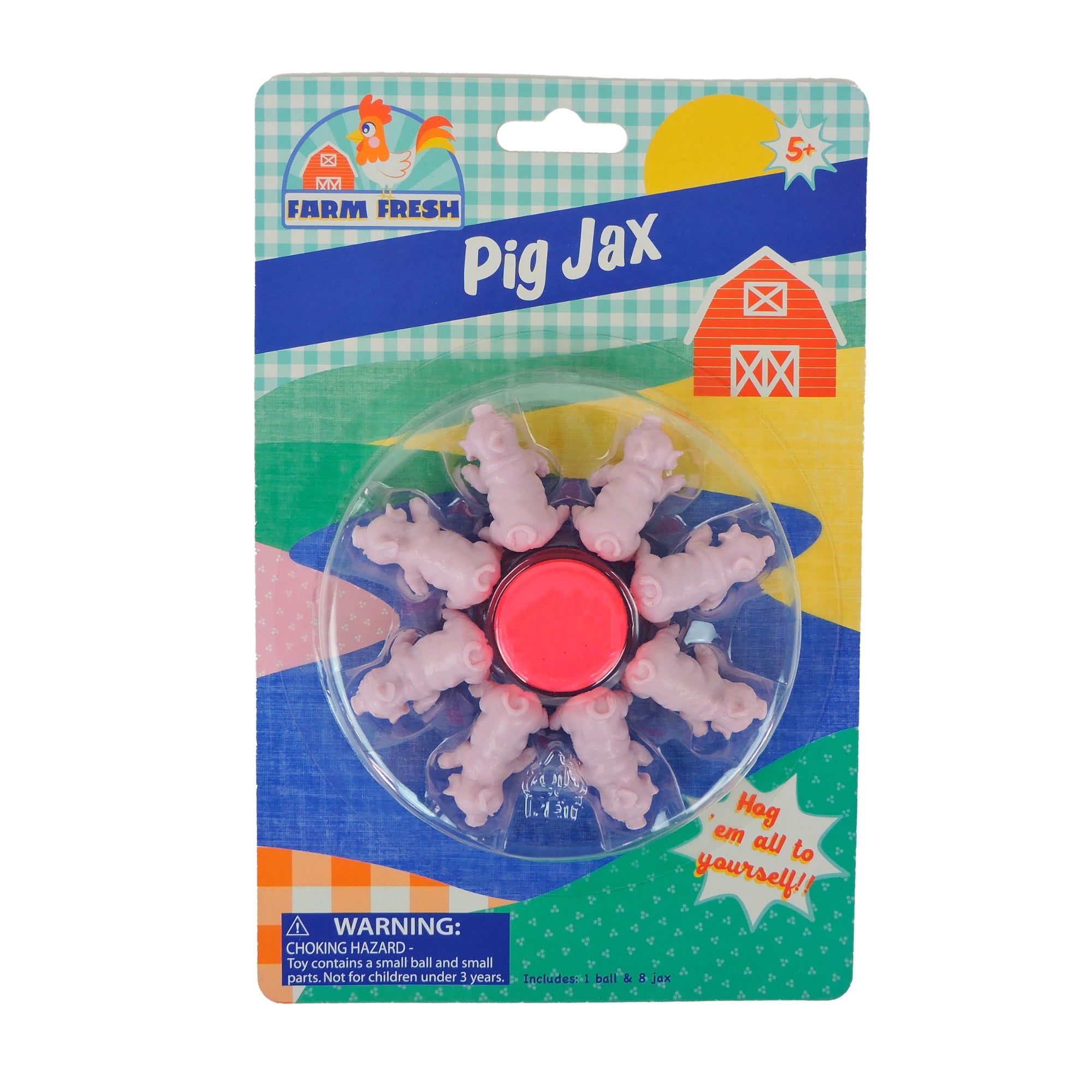 Farm Fresh Pig Jacks by Farm Fresh features pink pig-shaped pieces and a red ball. Perfect for classic kids' games, it comes in colorful barn-themed packaging with a small parts warning.