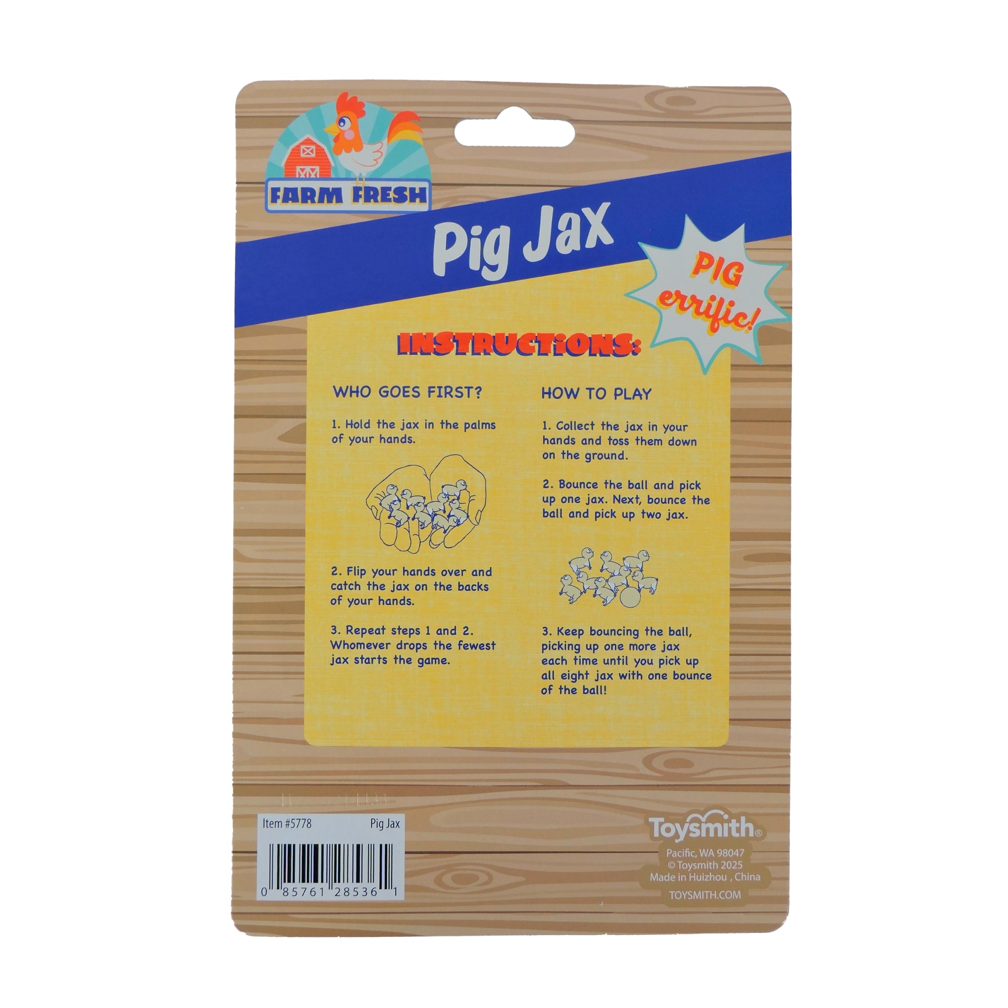Back of a Farm Fresh Pig Jacks package featuring play instructions, how to choose who goes first, and game rules—all displayed on a blue and yellow background with cartoon pig graphics. Brand: Farm Fresh.