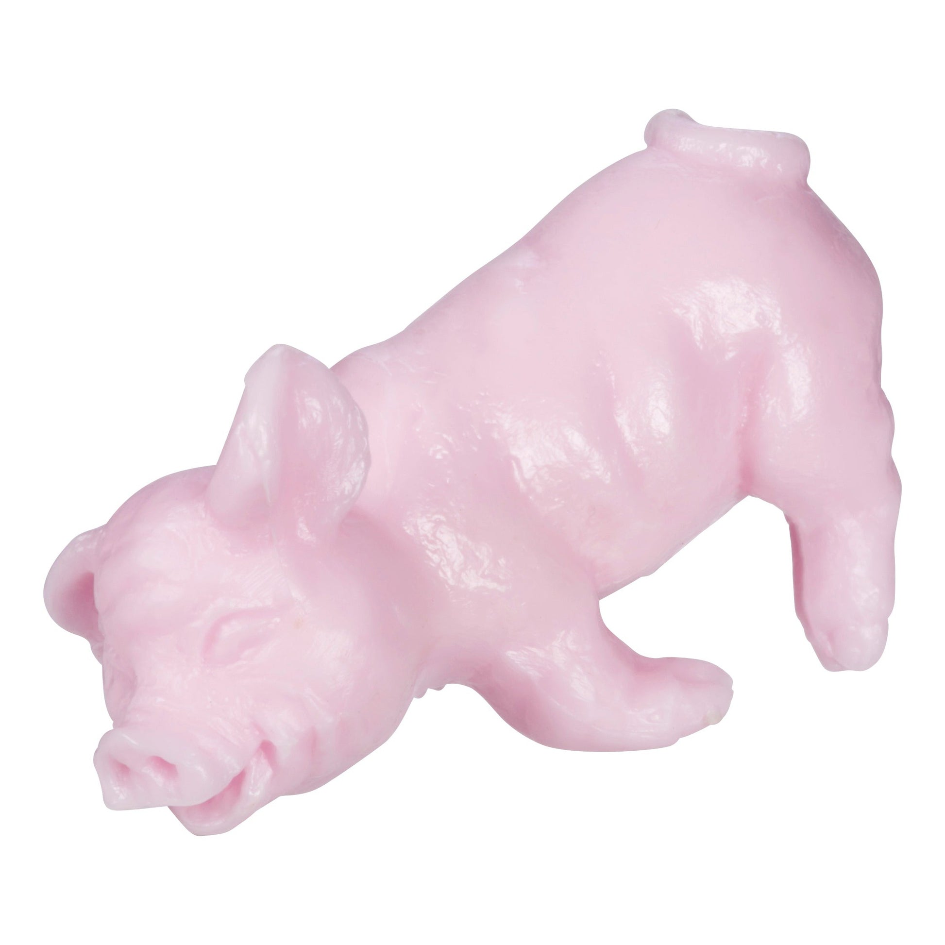 The Farm Fresh Pig Jacks by Farm Fresh is a small, pink plastic figurine with a shiny finish. Standing on all fours, its head is slightly turned and mouth open—ideal as a playful kids toy for playground games.