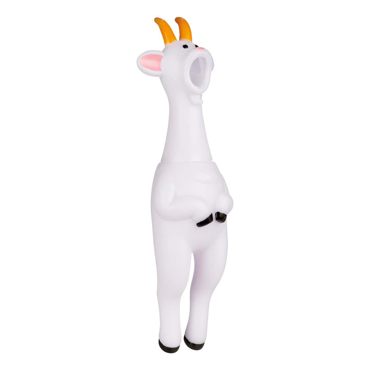 The Toysmith Farm Fresh Screamin' Goat stands upright on its hind legs with orange horns, black hooves, and an open mouth—making it a hilarious farm toy for kids.