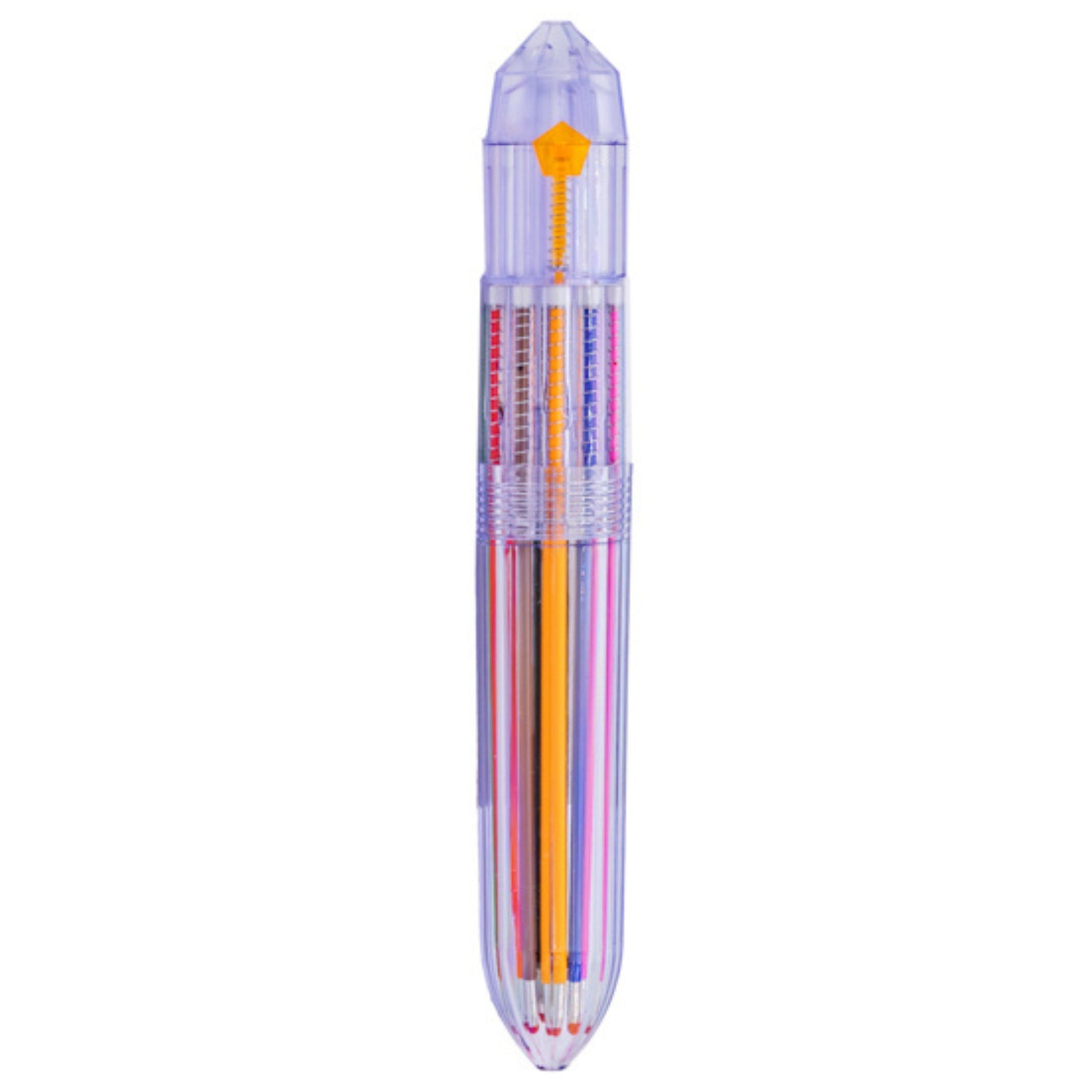 The Sensory Lab Colorclik Pen is a transparent pen with 10 vibrant color cartridges, displaying multiple inks inside the barrel and capped on both ends.