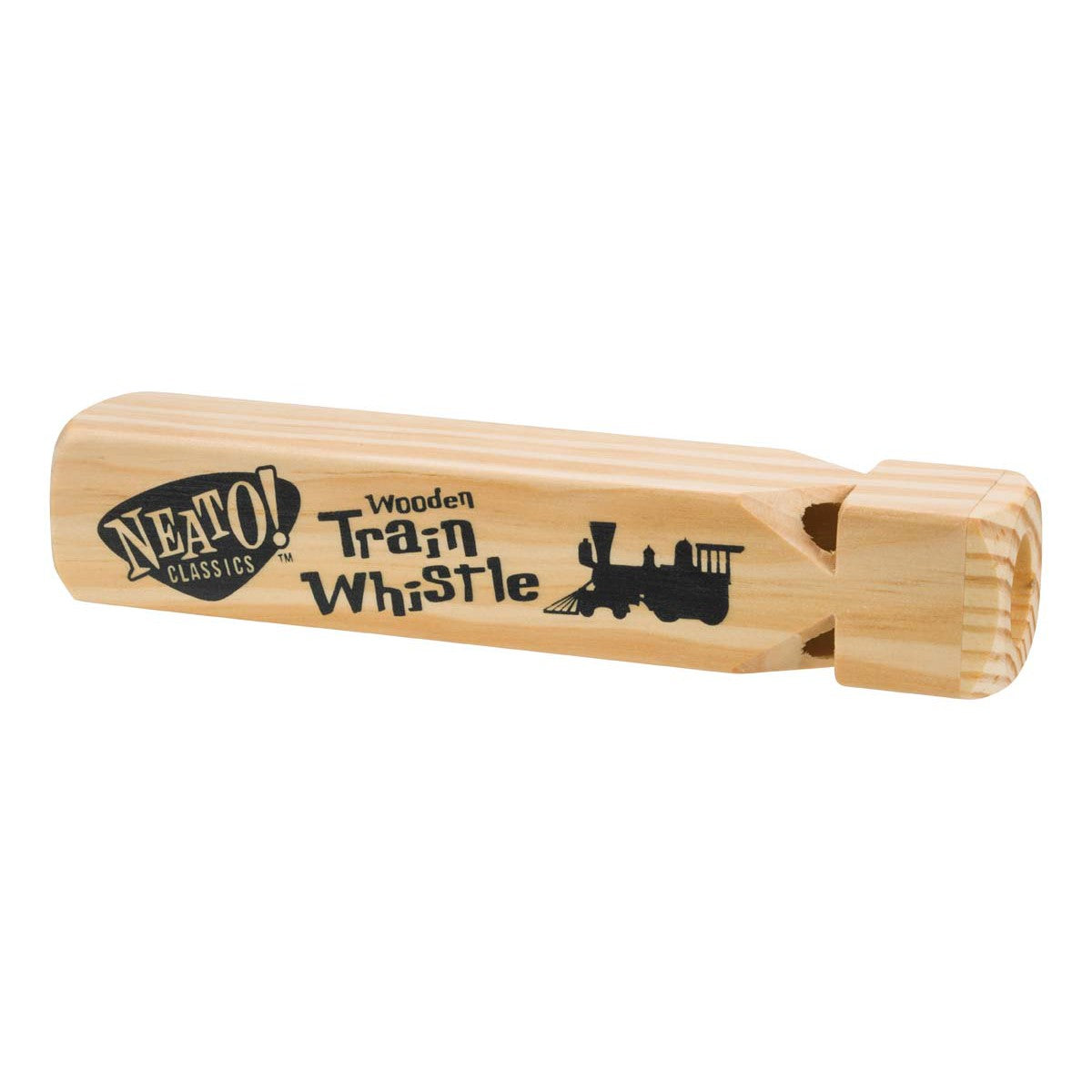 The 2024 Neato! Pre-Filled Display by Toysmith features a wooden train whistle with “NEATO! CLASSICS Wooden Train Whistle” and a black steam locomotive printed on the side, ideal for compact displays of popular impulse toys.