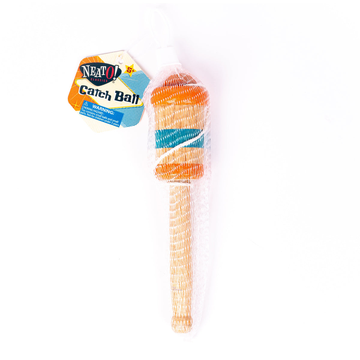 The Toysmith 2024 Neato! Pre-Filled Display features a wooden catch ball toy with orange, blue, and yellow stripes, packaged in a white mesh bag with a colorful tag—ideal for compact displays and a popular Neato impulse item.