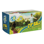 The GO! Play Zip Ball box features two kids playing with the green zip ball on strings. This colorful GO! Play packaging is ideal for backyard fun and recommends the game for ages 5 and up.