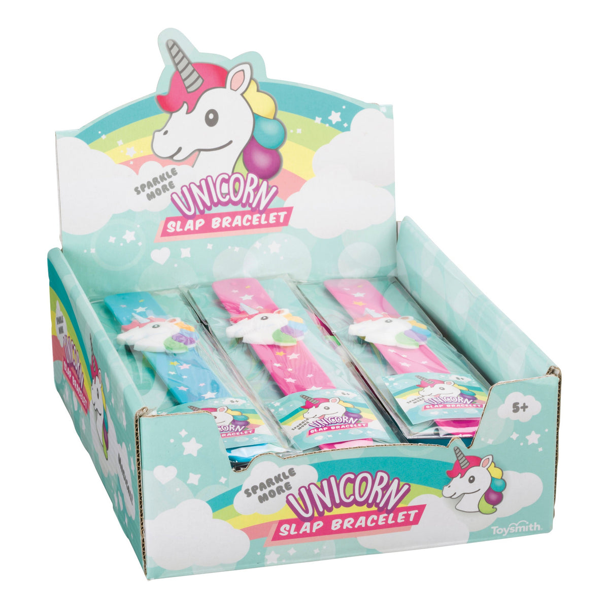 The Toysmith Unicorn Slap Bracelet display box by Toysmith features blue and pink bracelets in colorful packaging with a cartoon unicorn, rainbow, clouds, and stars—ideal party favors for kids ages 5 and up.