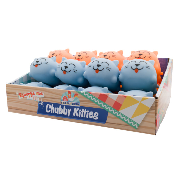 A colorful display box labeled Toysmith Chubby Kitties by Farm Fresh contains soft blue and orange kitten toys with smiling faces, a "Squeeze me" label, and offers stress-relief fidgeting fun.