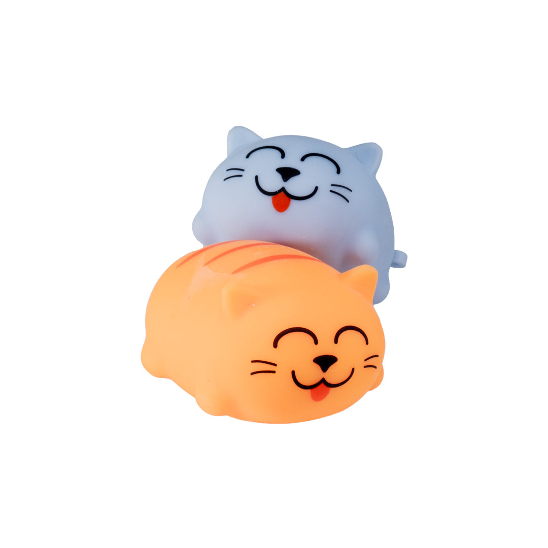 The Farm Fresh Toysmith Chubby Kitties are two small, cartoon-style squishy kitten toys—one orange with stripes and one light gray—offering stress relief and fidget fun on a white background.