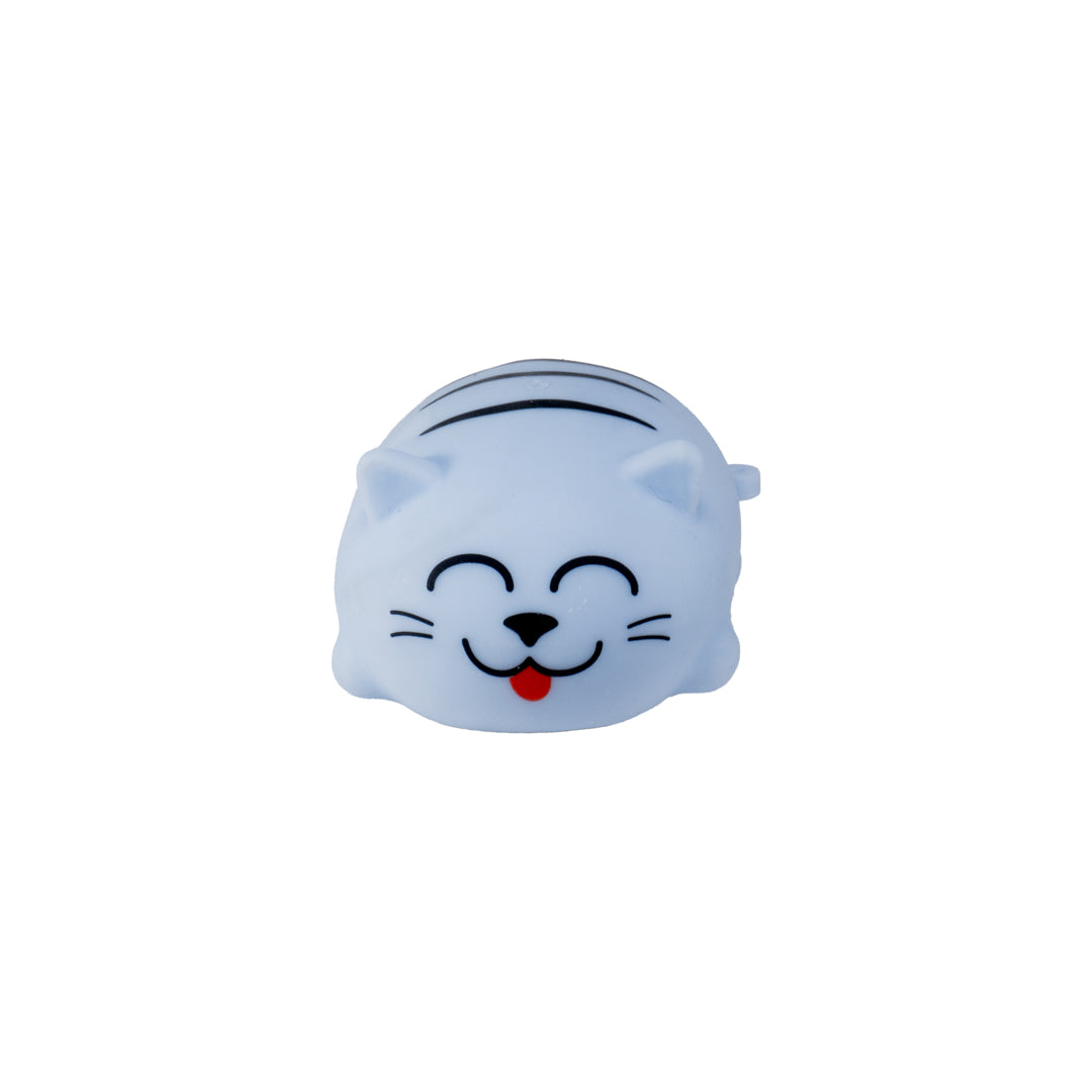 The Farm Fresh Toysmith Chubby Kitties features a small, squishy white kitten toy with black stripes, smiling closed eyes, and a red tongue—ideal for stress relief and fidgeting—shown on a plain white background.