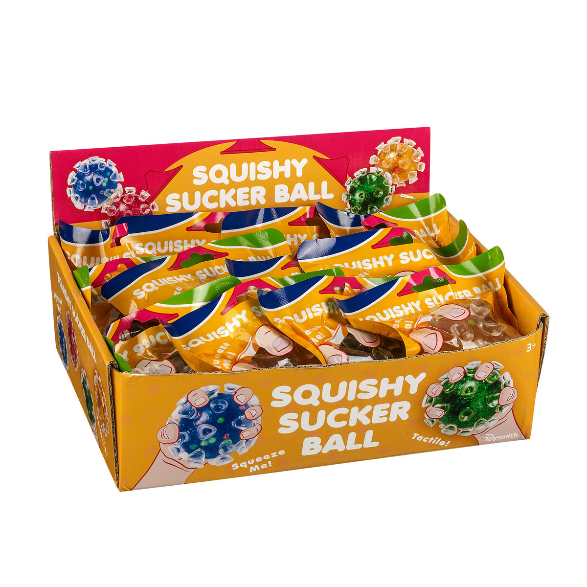 A yellow and orange Toysmith display box labeled "Toysmith Squishy Sucker Ball" holds several colorful suction cup balls with textured surfaces, each in packaging. The box features illustrations of hands squeezing this fun sensory toy.